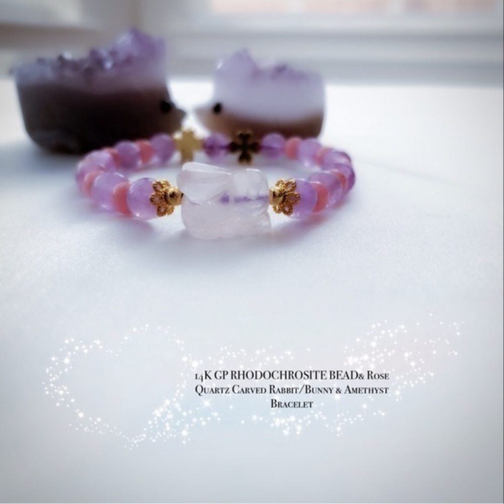RHODOCHROSITE BEAD Rose Quartz Carved Rabbit/Bunny & Amethyst Bracelet B6